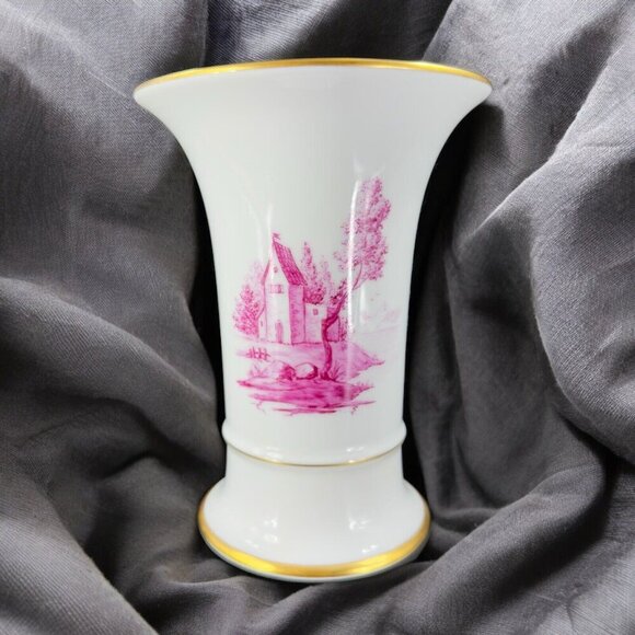 1975 Hochst German Vase Magenta House Church with Gold Trim Germany Porcelain - Picture 2 of 16